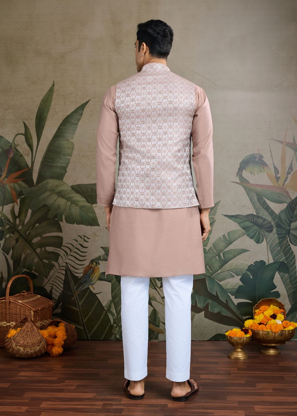 Rose Dust Royalty – Blush Beige Kurta with Designer Jacquard Silk Jacket