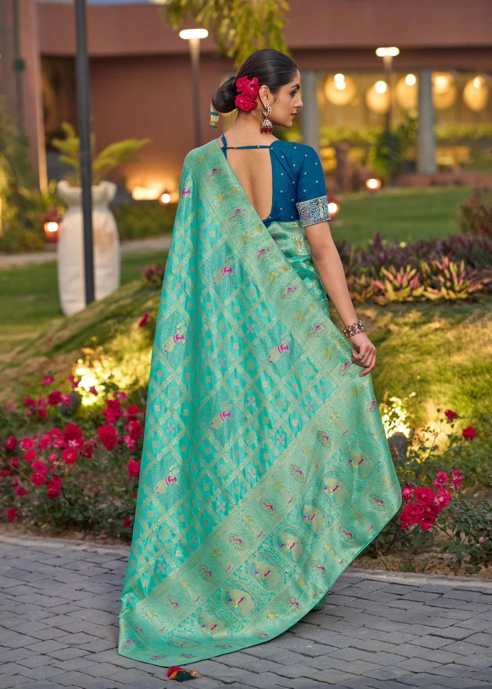 Emerald Aqua Dola Silk Saree with Meenakari Peacock Motifs & Swarovski Sparkle
