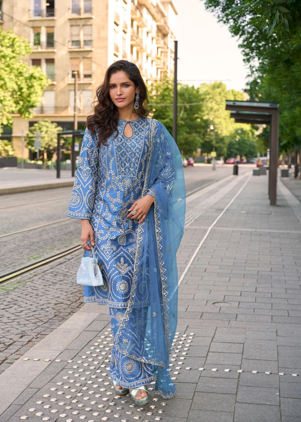 Sapphire Blue Simar Silk Suit with Heavy Mirror & Thread Work