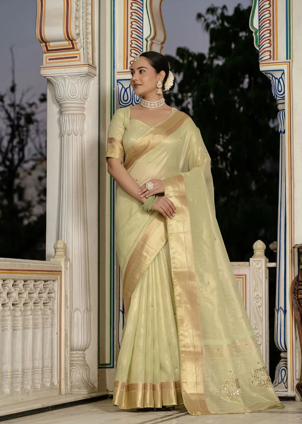 Pistachio Grace Tissue Linen Saree with Zari Patta and Signature Khatli Details