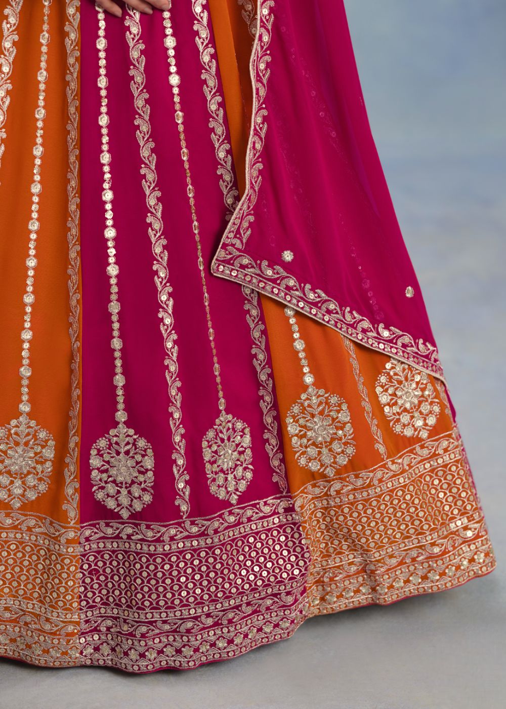 Radiant Magenta & Saffron Embroidered Georgette Lehenga Set