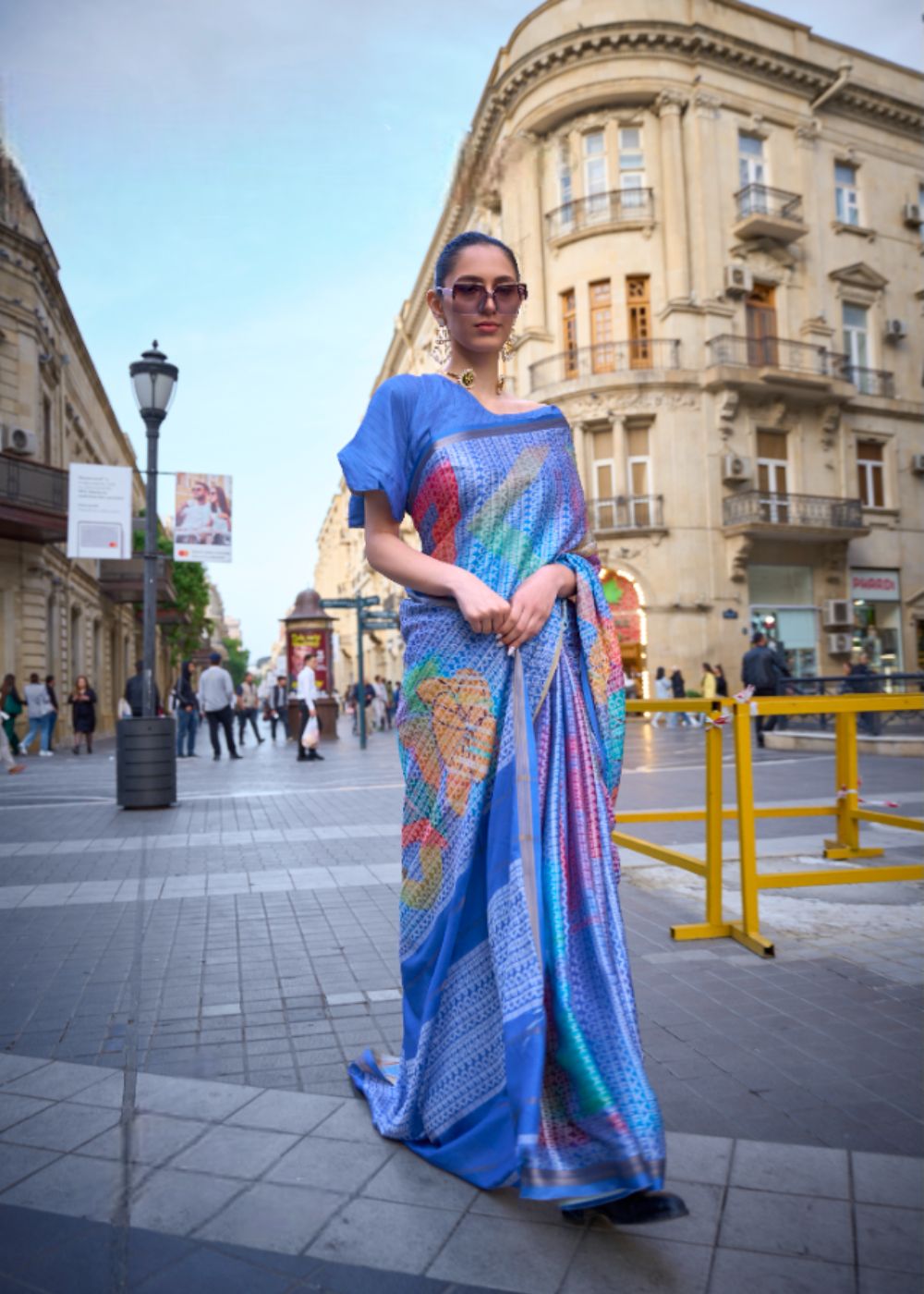 Bright Sapphire Blue with Multicolor Floral Accents Printed Poly Viscose with Handloom Texture