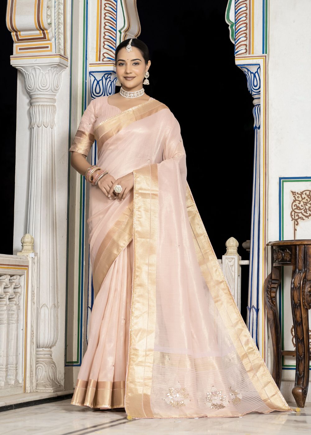 Blush Radiance Tissue Linen Saree with Moti & Cutdana Khatli Work and Elegant Tassels