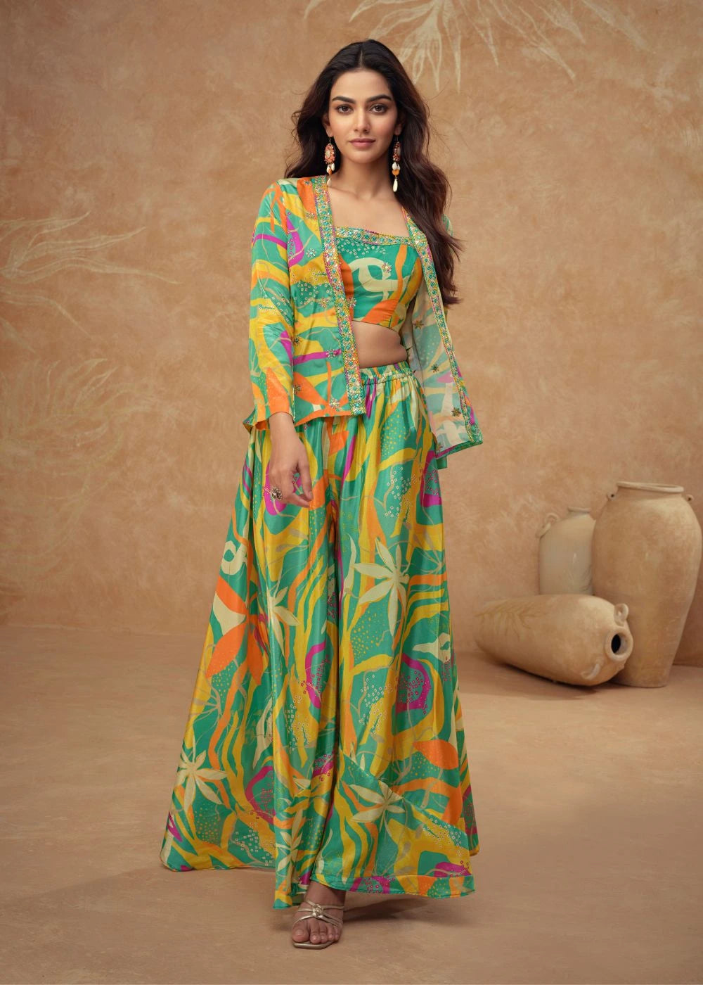 Vibrant Tropical Real Chinon & Silk Palazzo Set