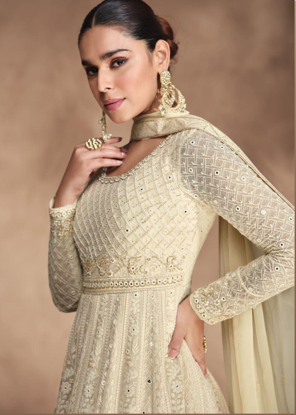 Ivory Gold Heavy Chikankari Georgette Anarkali Suit with Tone-on-Tone Embroidery