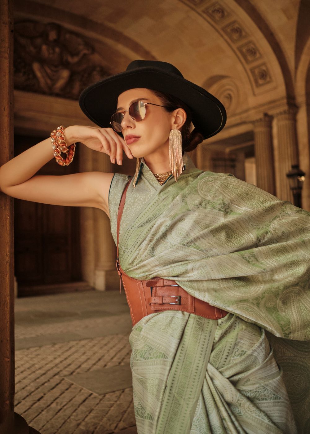 Sage Green Satin Silk Saree with Self-Weaving