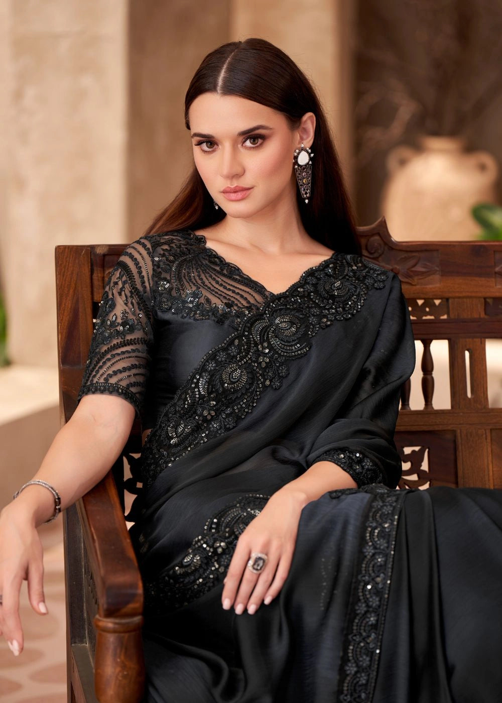 Classic Black Satin Chiffon Saree with Elegant Embroidered Border