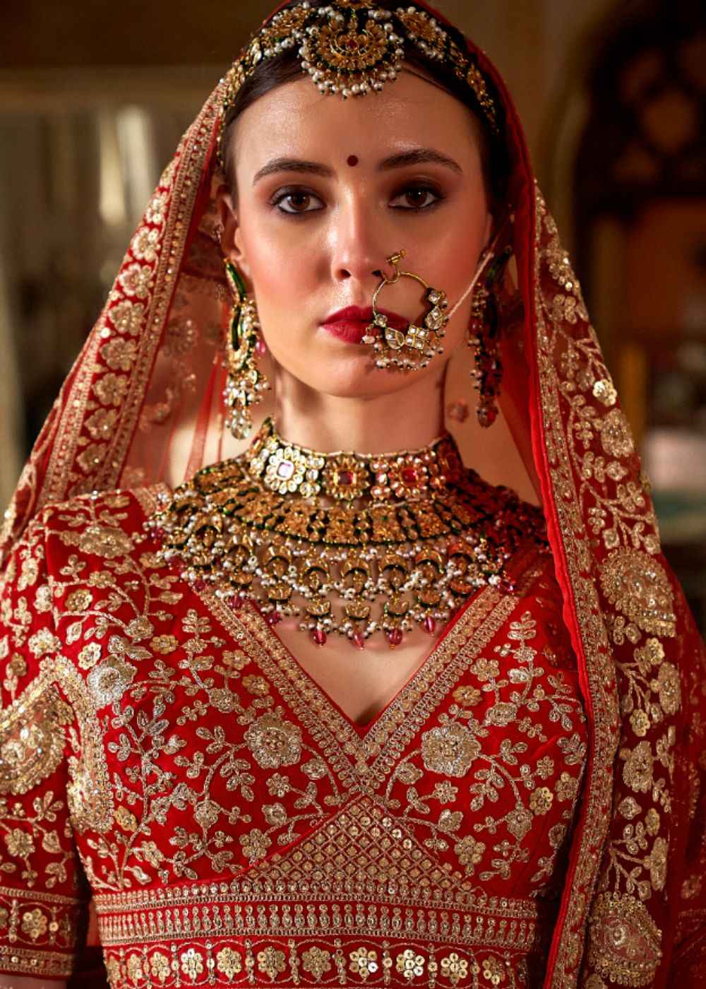 Scarlet Flame Elegance Double Dupatta Bridal Lehenga