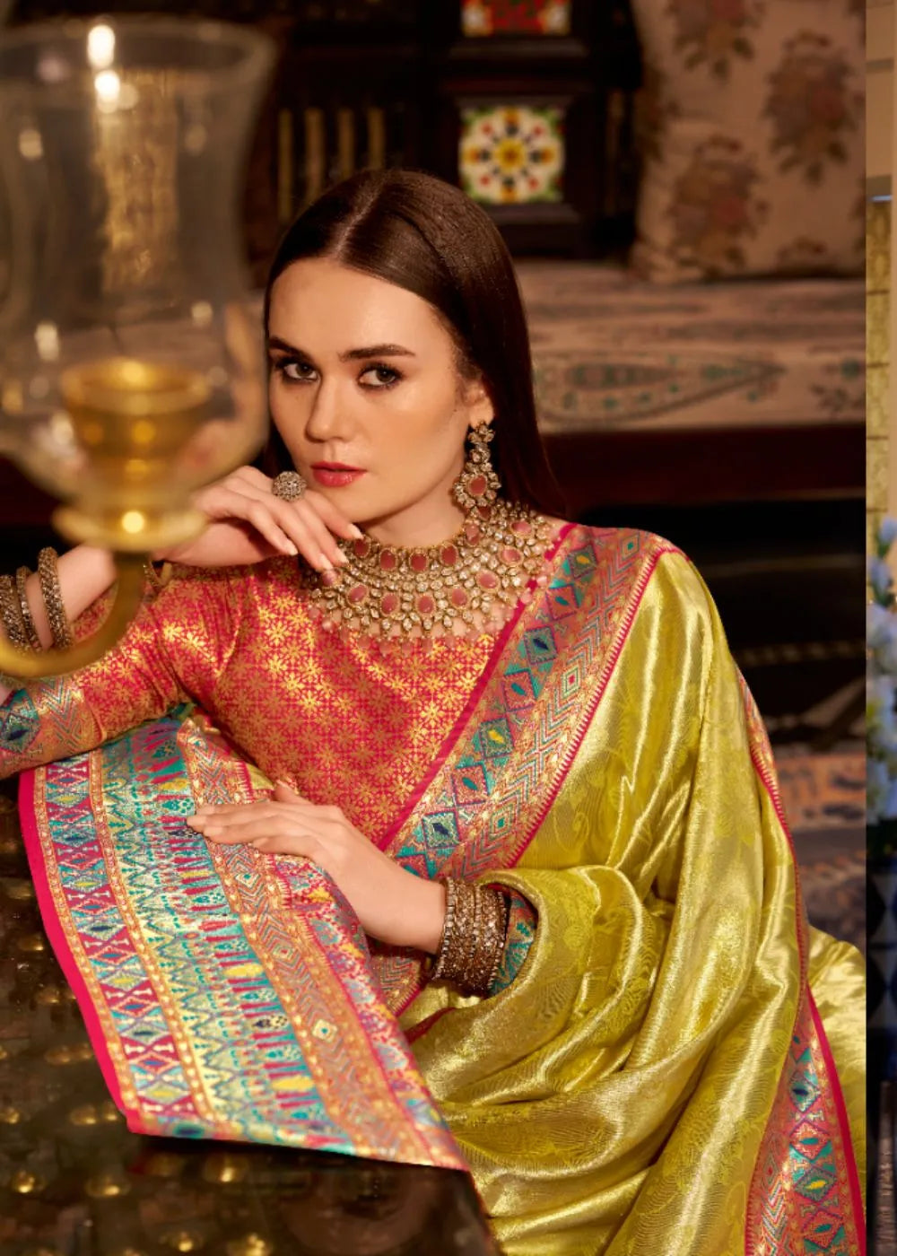 Golden Yellow Tissue Silk Saree with Designer Contrast Border & Pallu