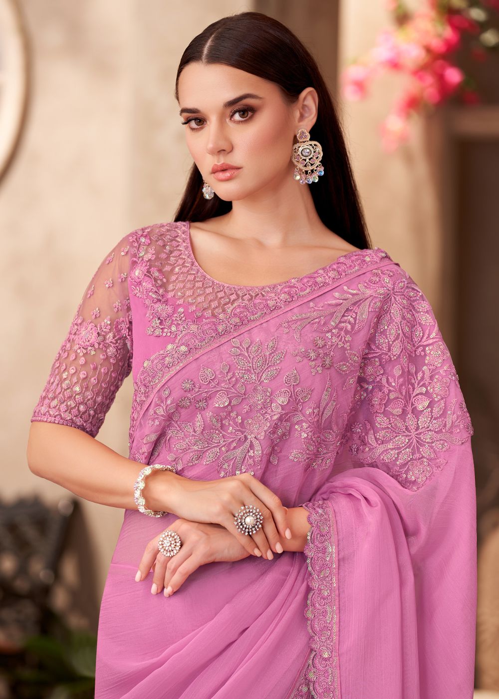Baby Pink Satin Chiffon Saree with Designer Lace Border