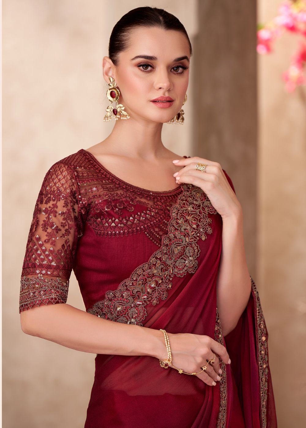 Deep Maroon Satin Chiffon Saree with Intricate Embroidered Lace Border
