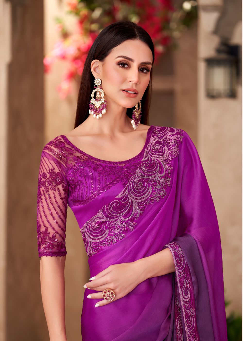 Royal Purple Satin Chiffon Saree with Designer Lace Work
