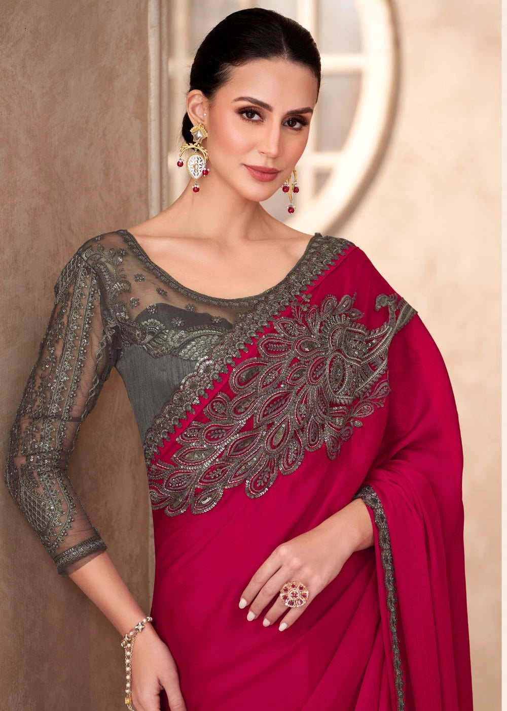 Hot Pink Satin Chiffon Saree with Heavy Lace Work