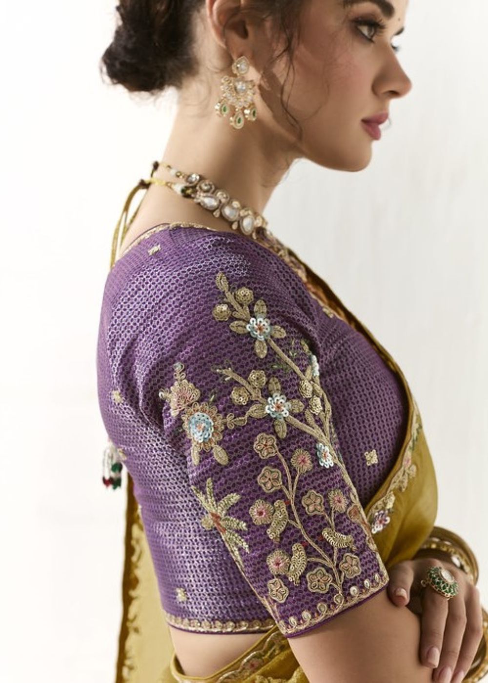 Kanaka Rekha-Mustard Yellow Organza Tissue with Heavy Butta & Border Silk Saree