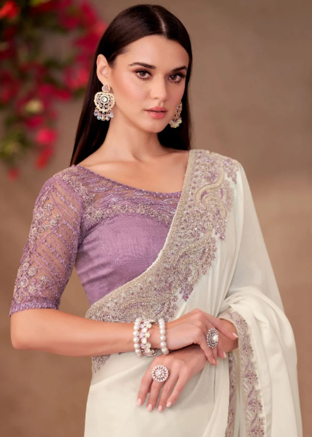 Ivory White Chiffon Saree with Embroidered Lace Border