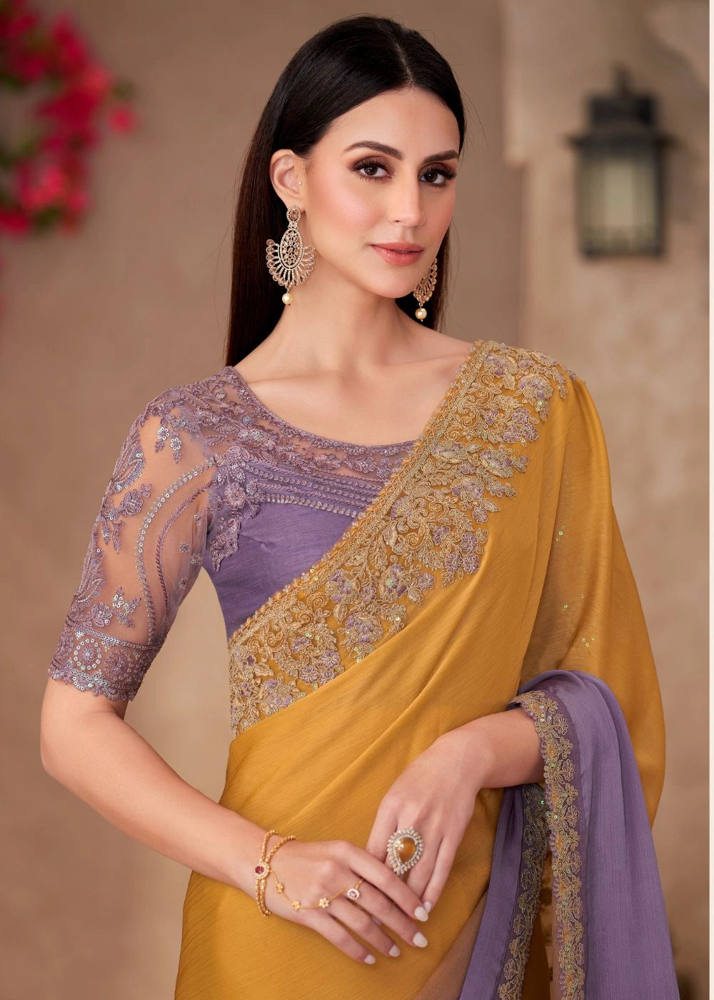 Mustard Yellow & Lavender Dual-Tone Satin Chiffon Saree