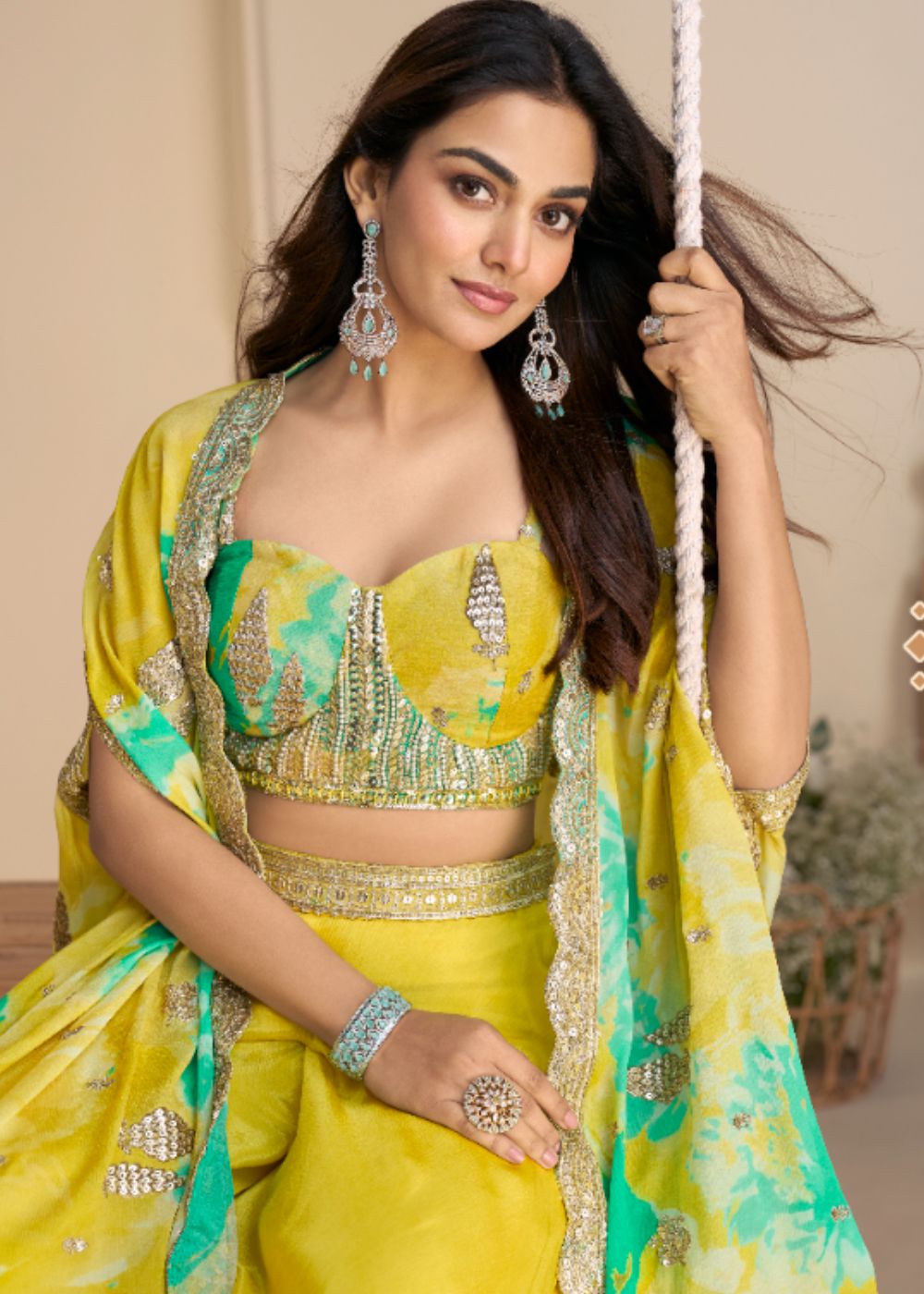 Lime Yellow Palazzo Set with Aqua Green Floral Shrug