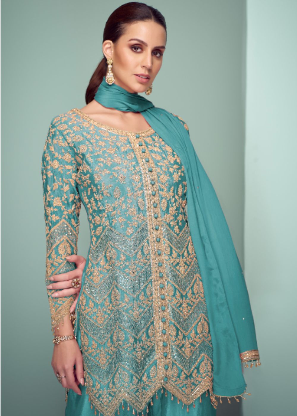 Firoza Sheherzaadi Aura - Aqua Grace Royal Chinon Embroidered Suit Set