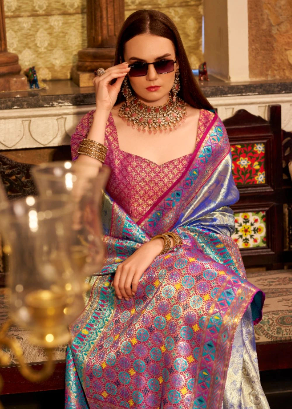 Royal Blue Tissue Silk Saree with Designer Contrast Border & Pallu