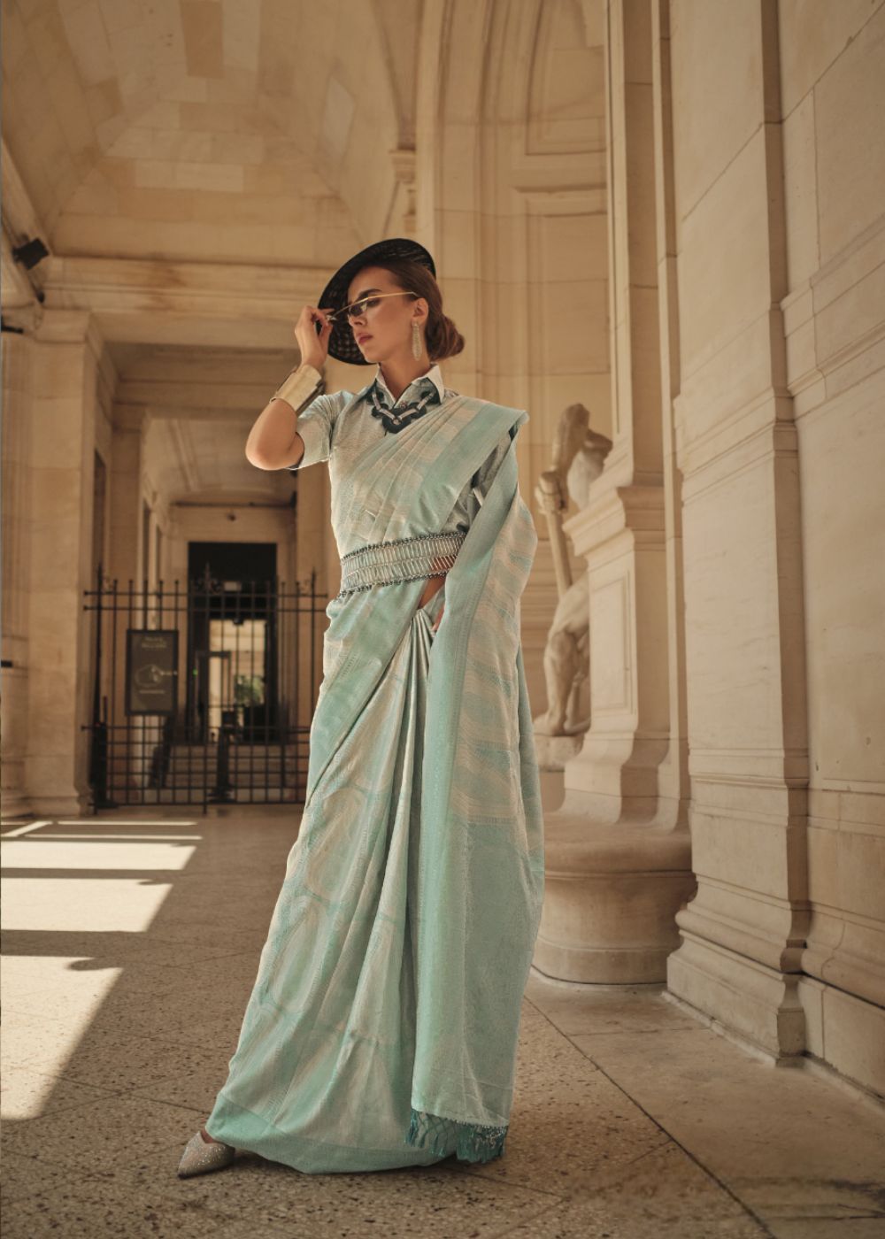 Mint Aqua Green Satin Silk Saree with Self-Weaving