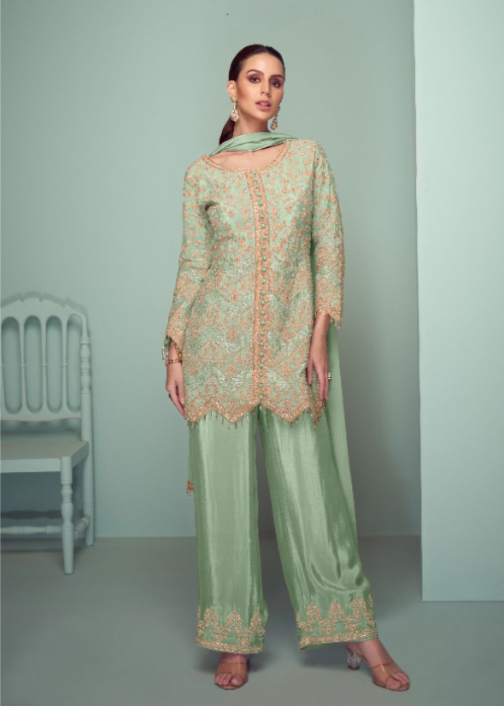 Mint Majesty Embroidered Chinon Plazoo Suit