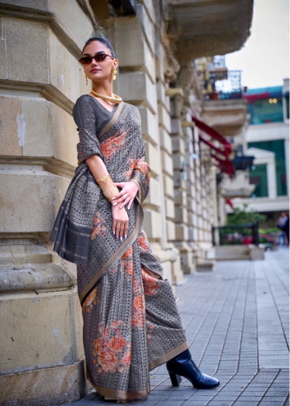Earthy Cocoa Brown with Vintage Rose Printed Poly Viscose with Handloom Texture