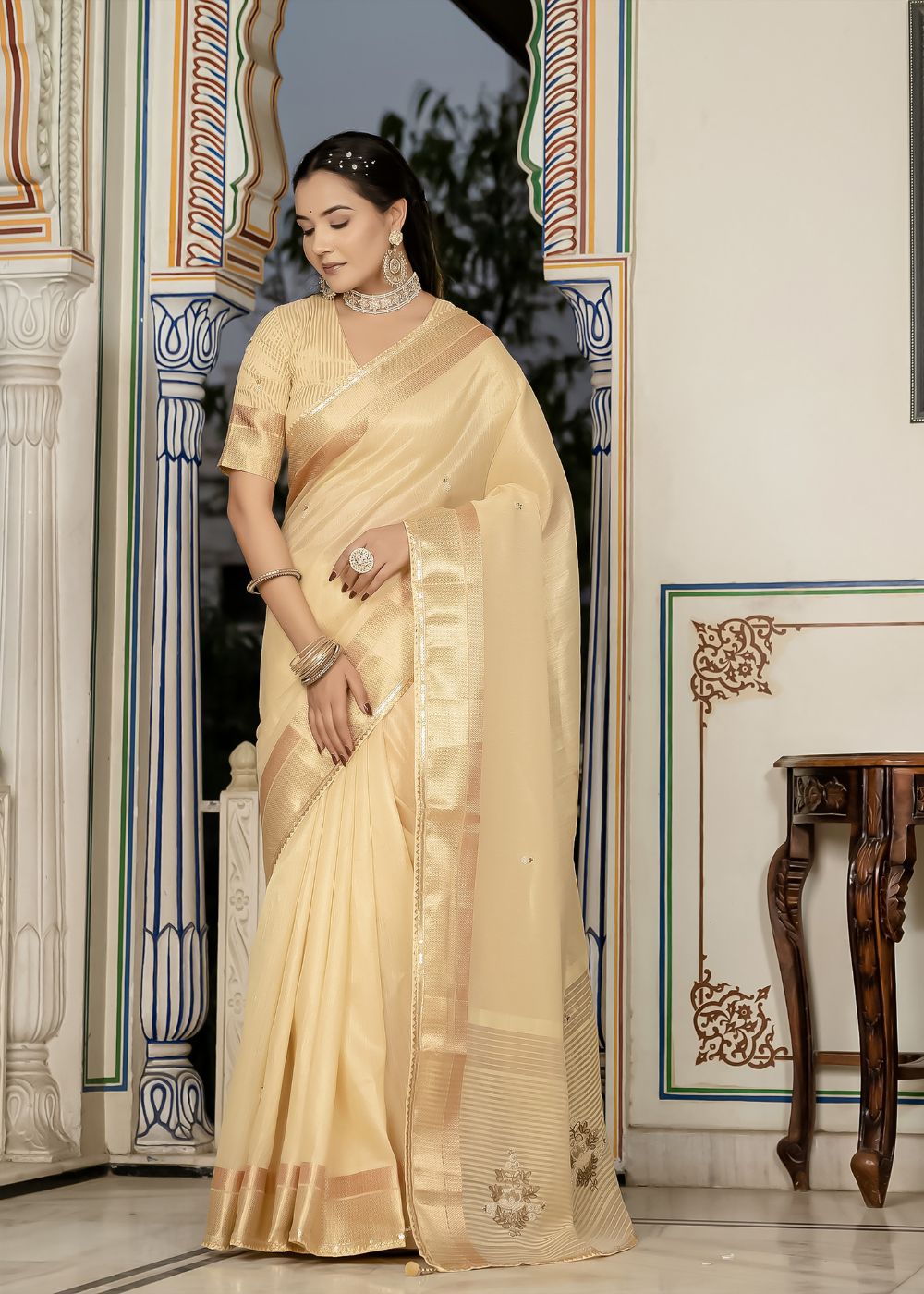 Golden Aura Celebration Saree in Tissue Linen with Intricate Hand Embroidery