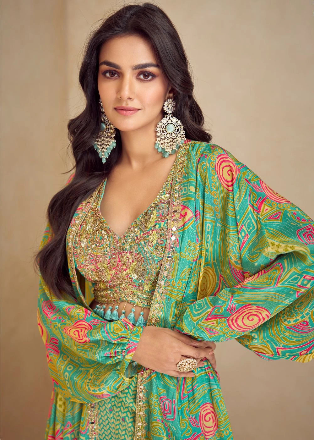 Green Mosaic Real Chinon & Silk Palazzo Jacket Set