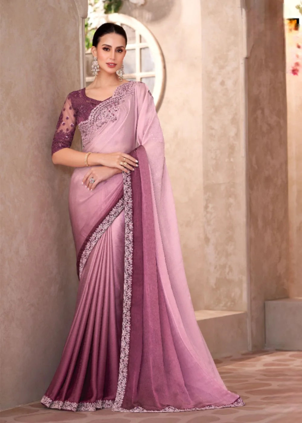 Pastel Pink Satin Chiffon Saree with Designer Embroidery
