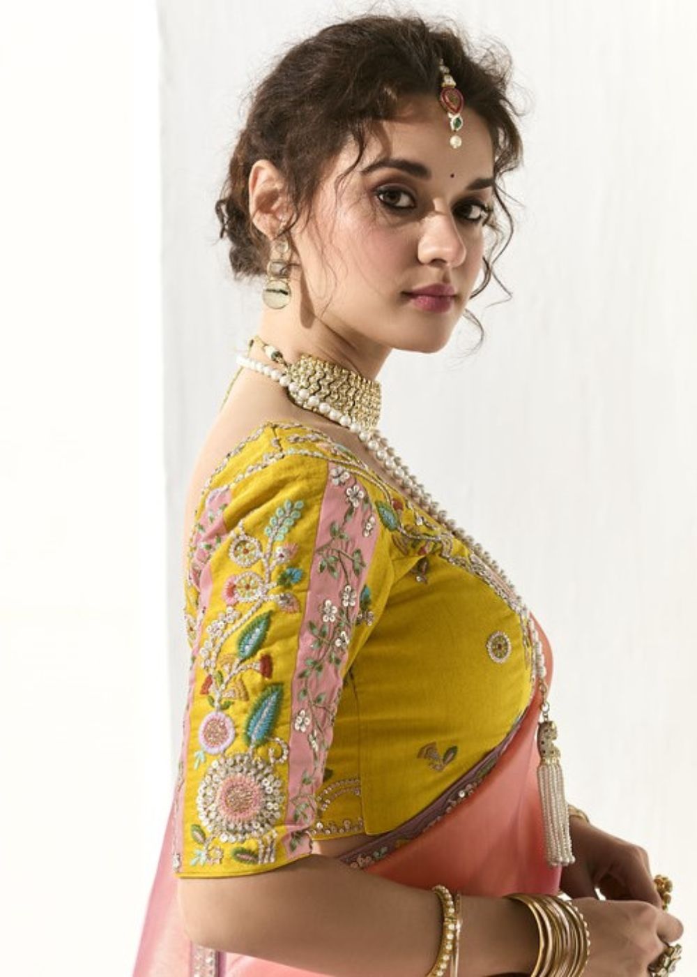 Amrapali – Lavender Pink & Yellow Organza Tissue Saree with Butta Work