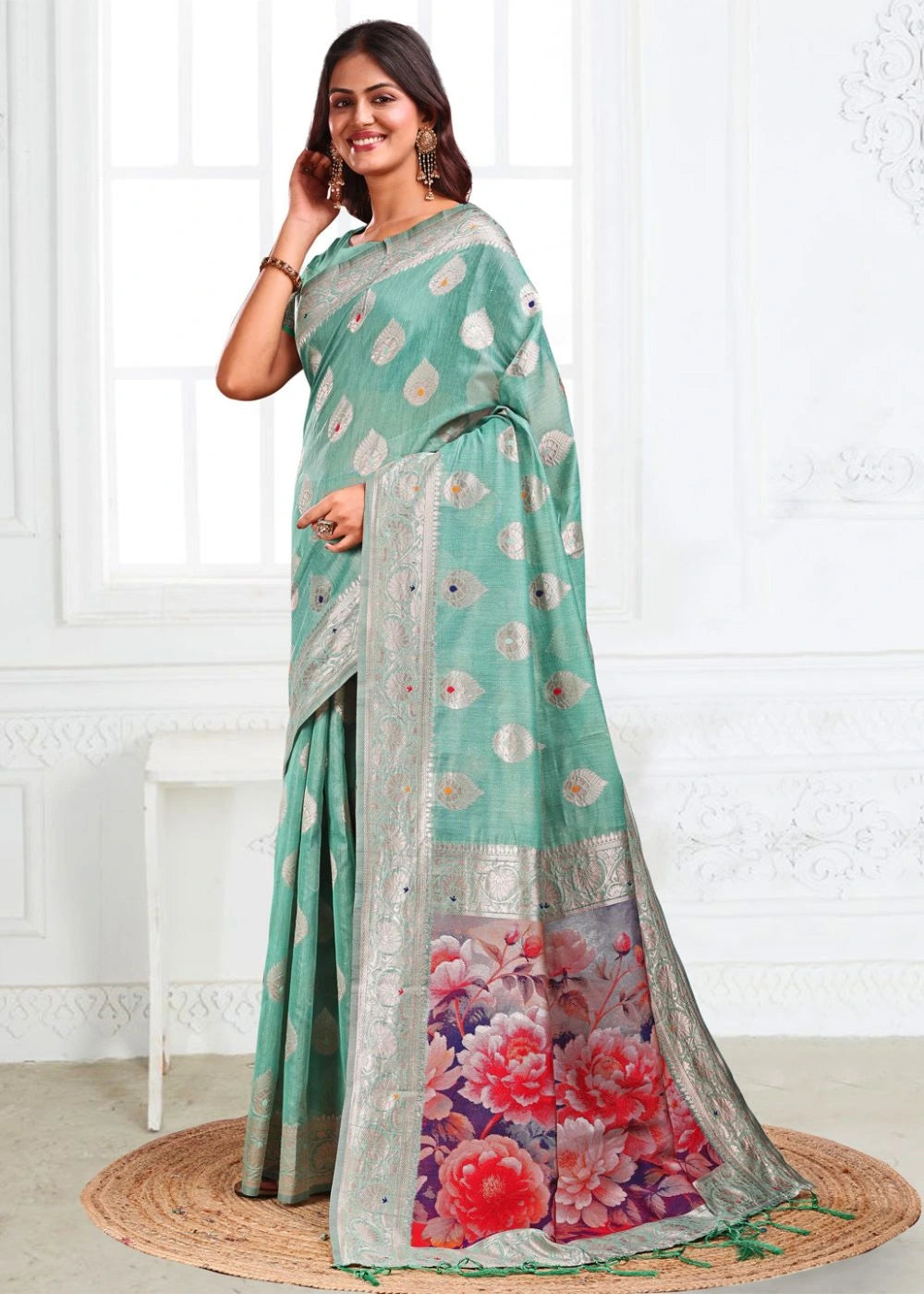 Sea Green Linen Cotton Saree with Silver Paisley Weaves & Vibrant Floral Pallu