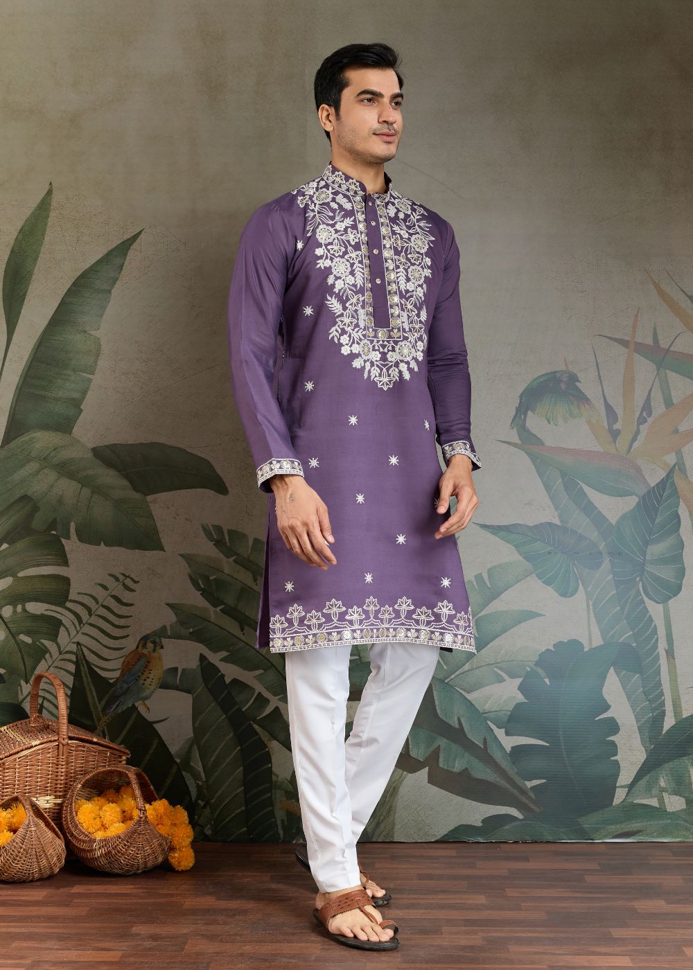 Pastel Purple Rayon Kurta with White Royal Embroidery: Festive Must-Have