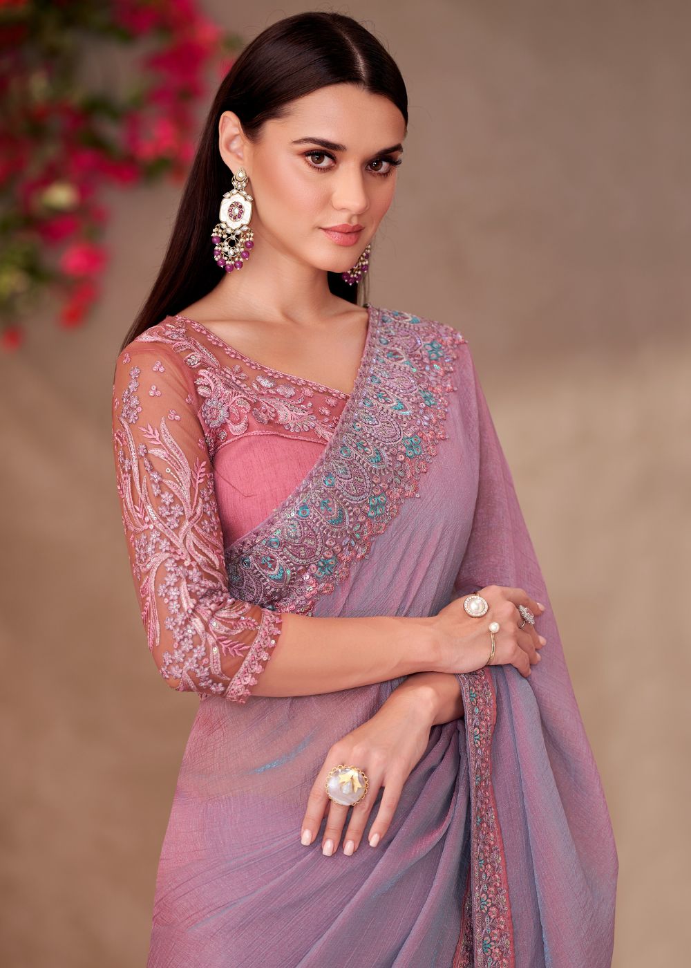 Lilac Satin Chiffon Saree with Subtle Embroidered Lace