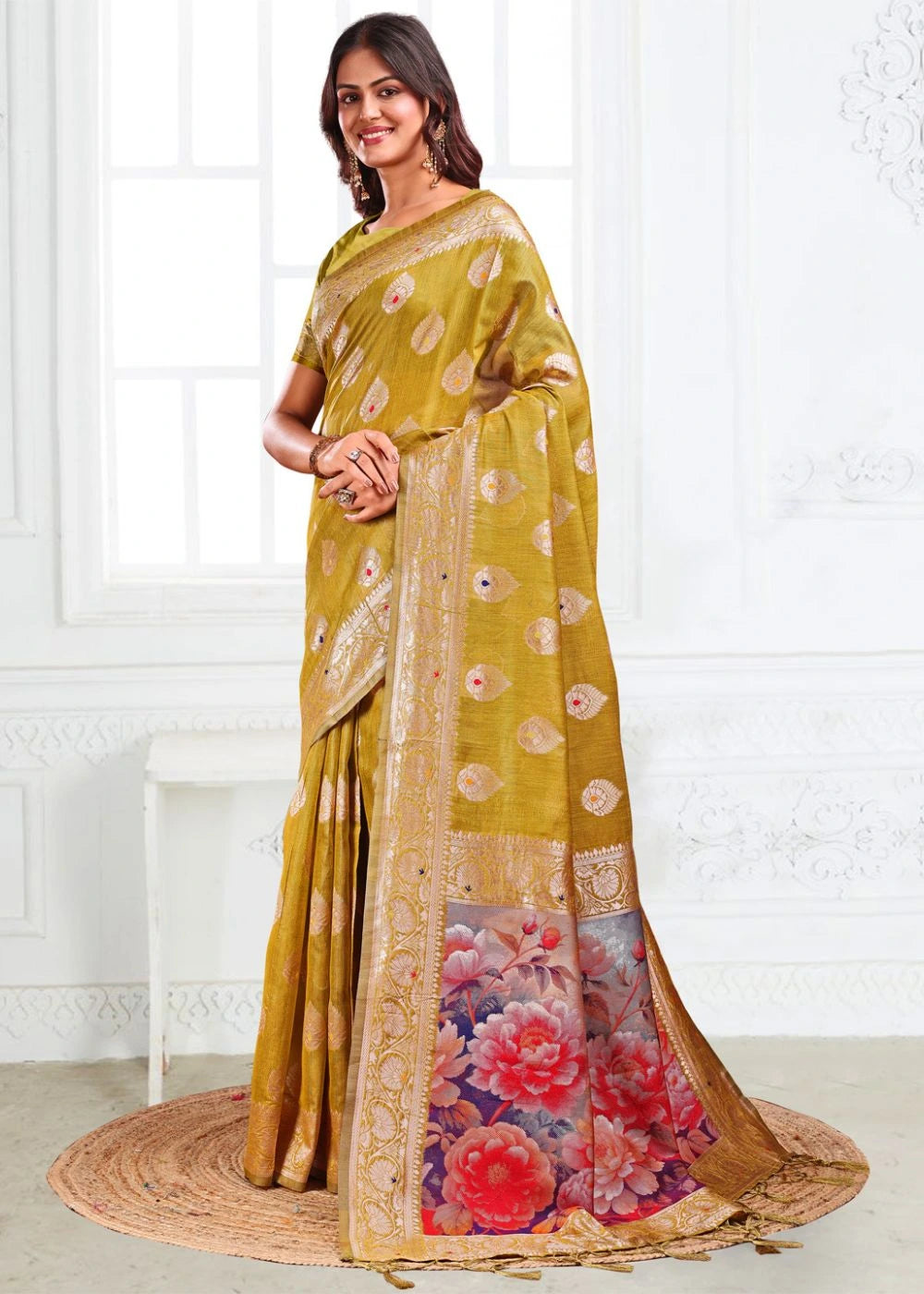 Mustard Marigold Linen Cotton Saree with Zari Paisley Butta & Blooming Pallu Design