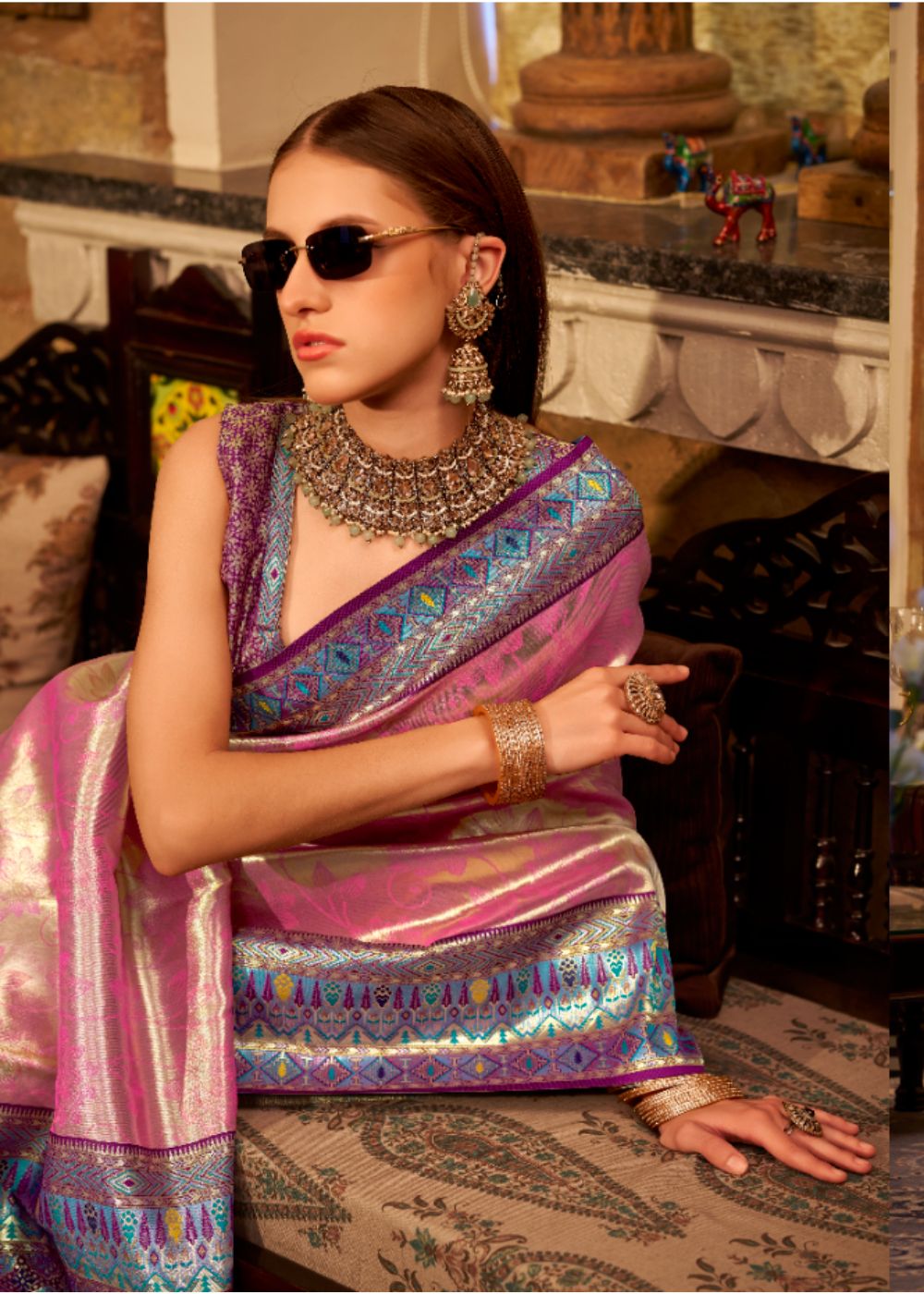 Lavender Pink Tissue Silk Saree with Designer Contrast Border & Pallu