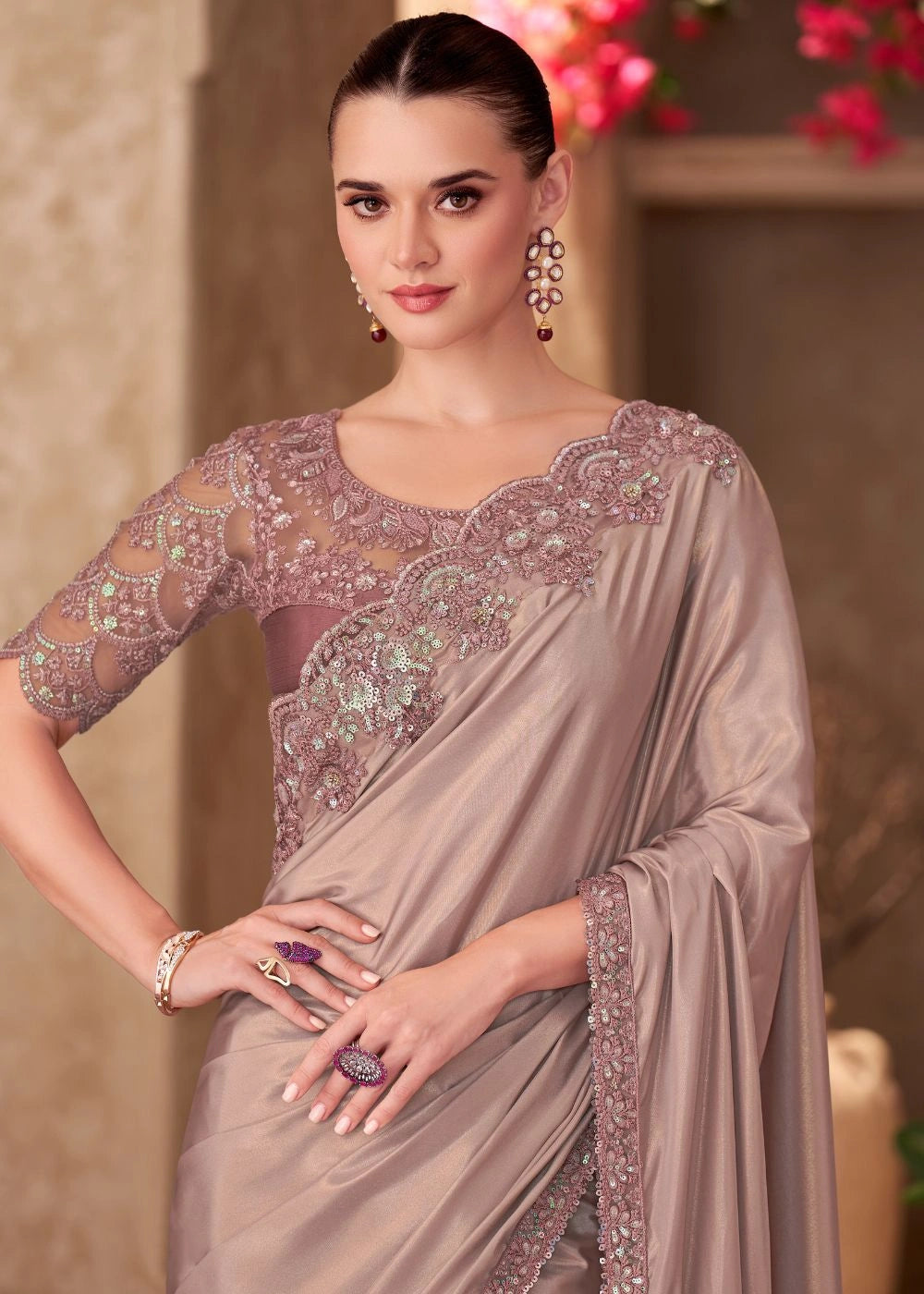 Beige Satin Chiffon Saree with Shimmer Embroidery