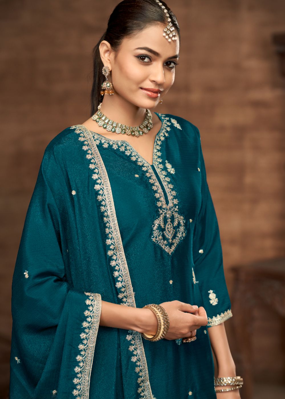 Teal Grace-Designer Chinon Silk Suit Set