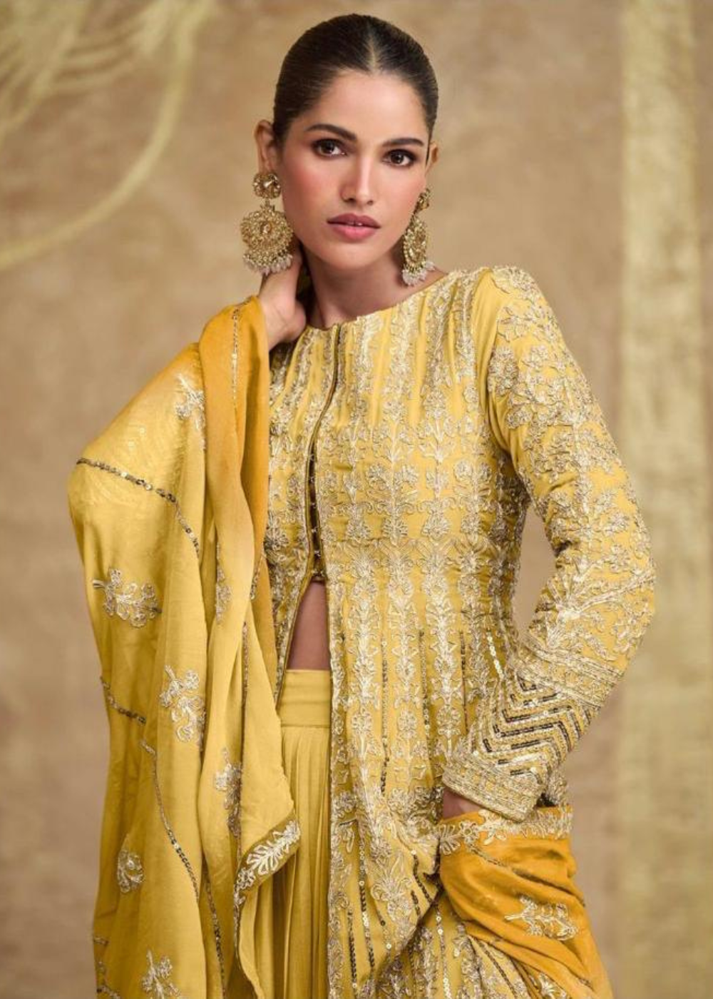 Kanak–Basanti Zari Embroidered Slit Anarkali with Embroidered Dupatta