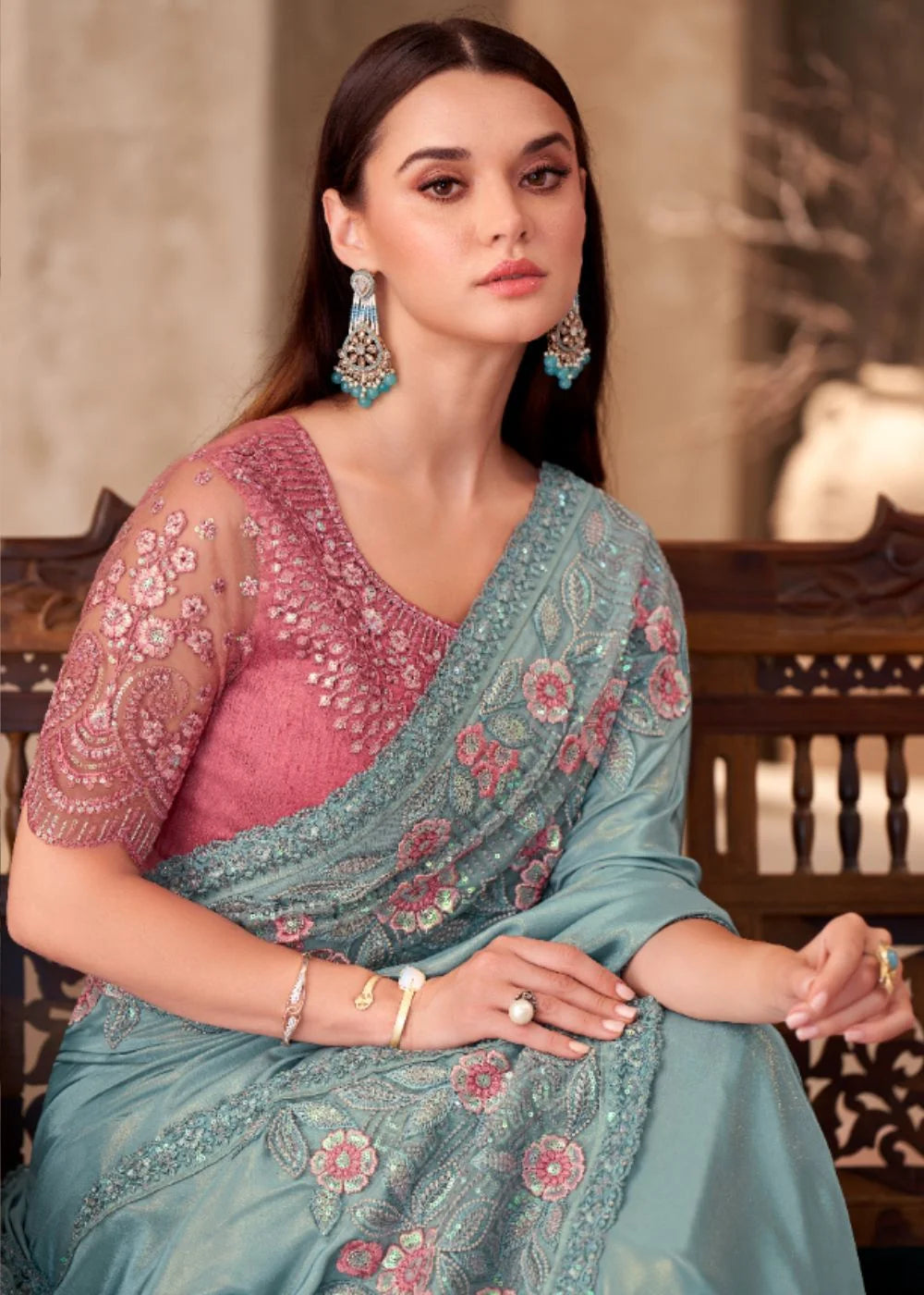Sky Blue Silk Crape & Linen Saree with Embroidered Border