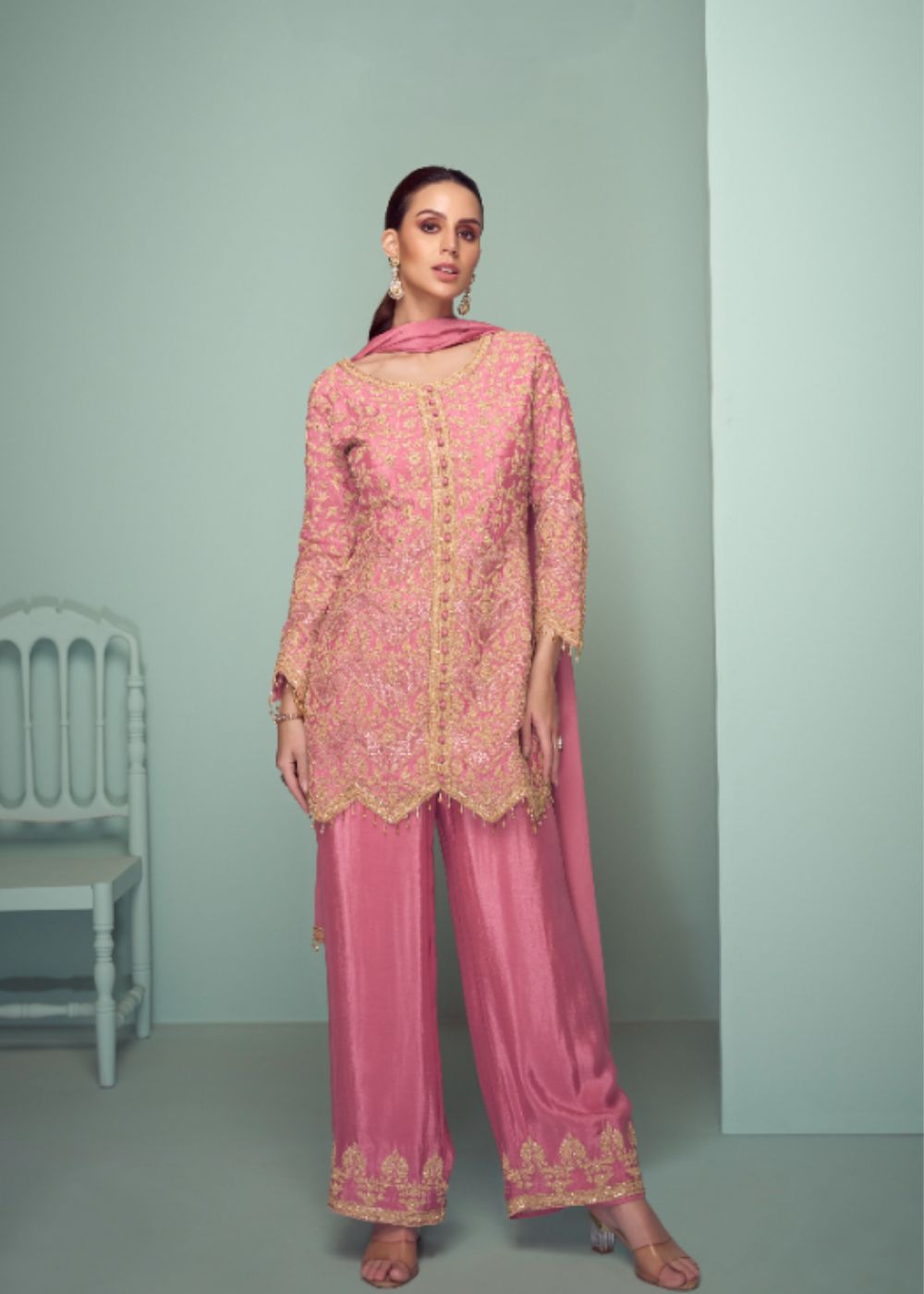Gulnaar Roohani Blush Designer Chinon Embroidered Suit Set