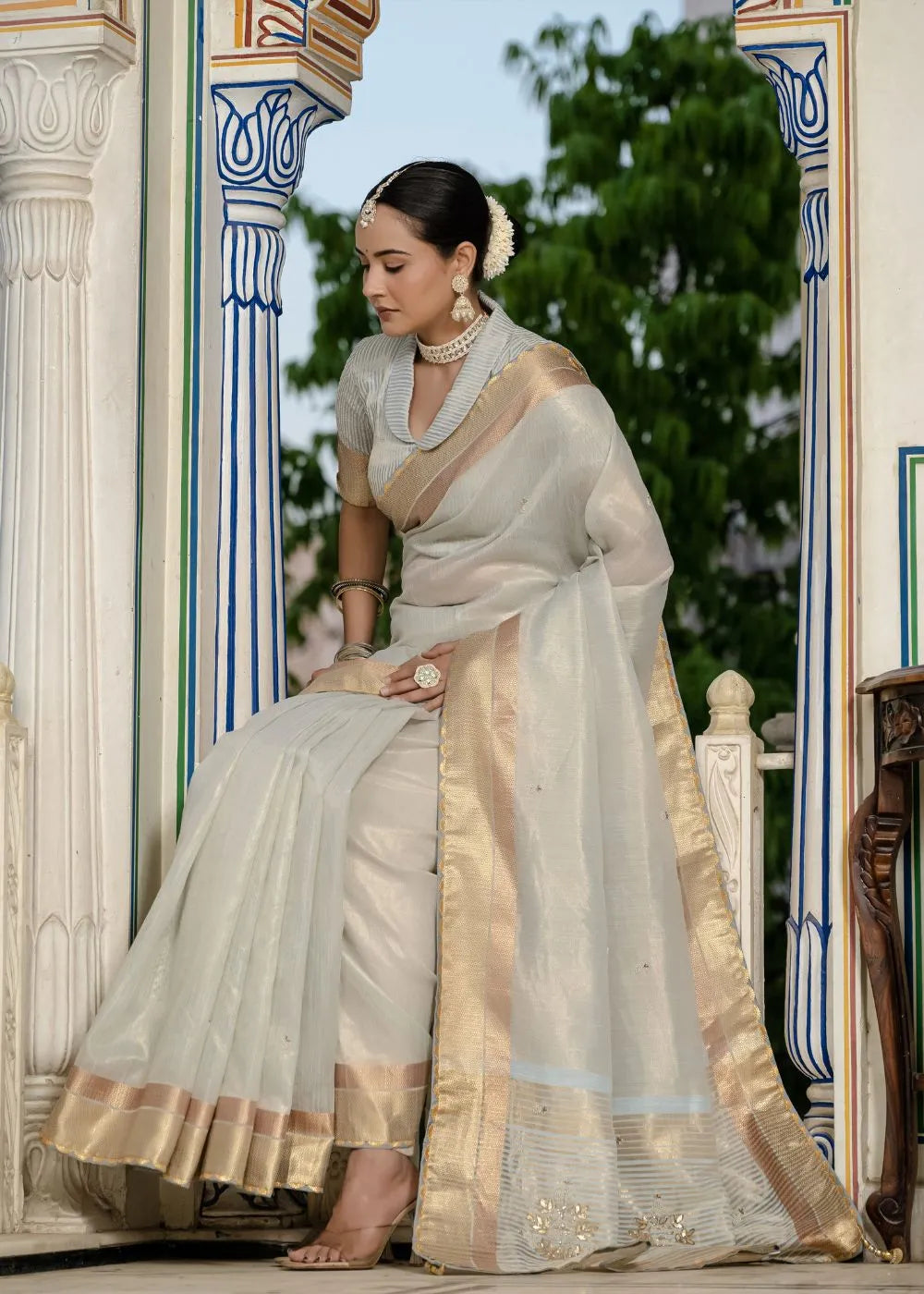Mint Opulence Tissue Linen Saree with Traditional Handwork and Zari Accents