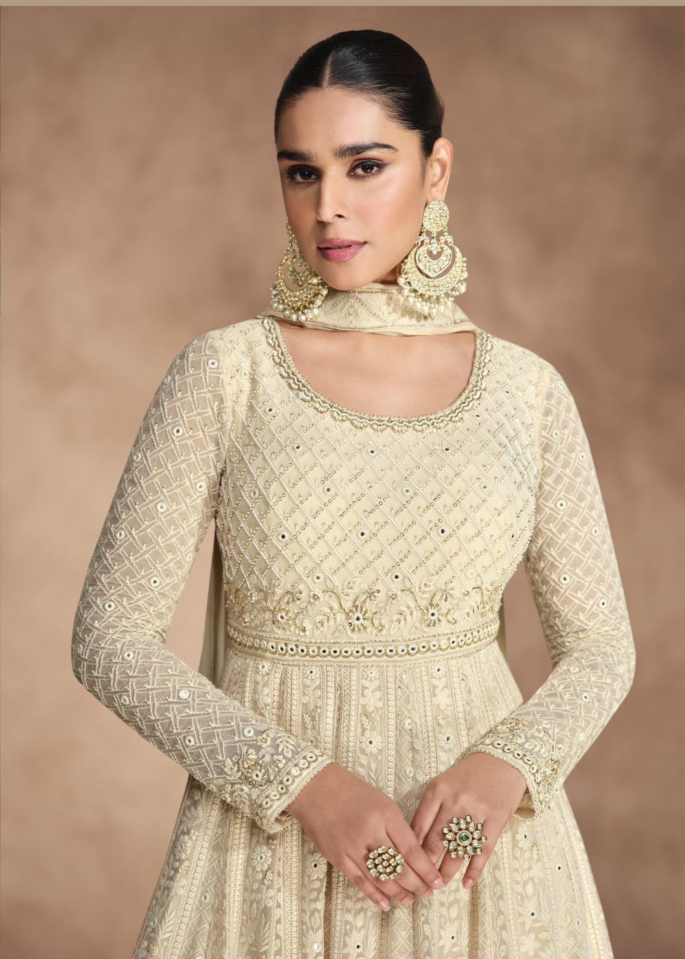 Ivory Gold Heavy Chikankari Georgette Anarkali Suit with Tone-on-Tone Embroidery