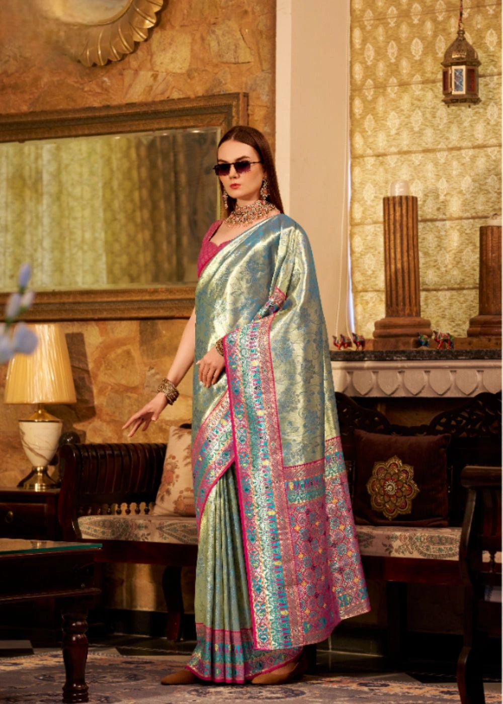 Greyish Blue Tissue Silk Saree with Designer Contrast Border & Pallu