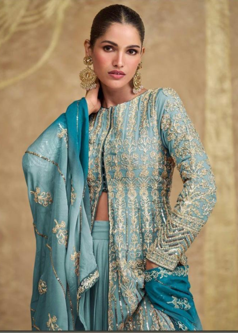 Neerja–Firozi Phool Embellished Slit Anarkali with Embroidered Dupatta