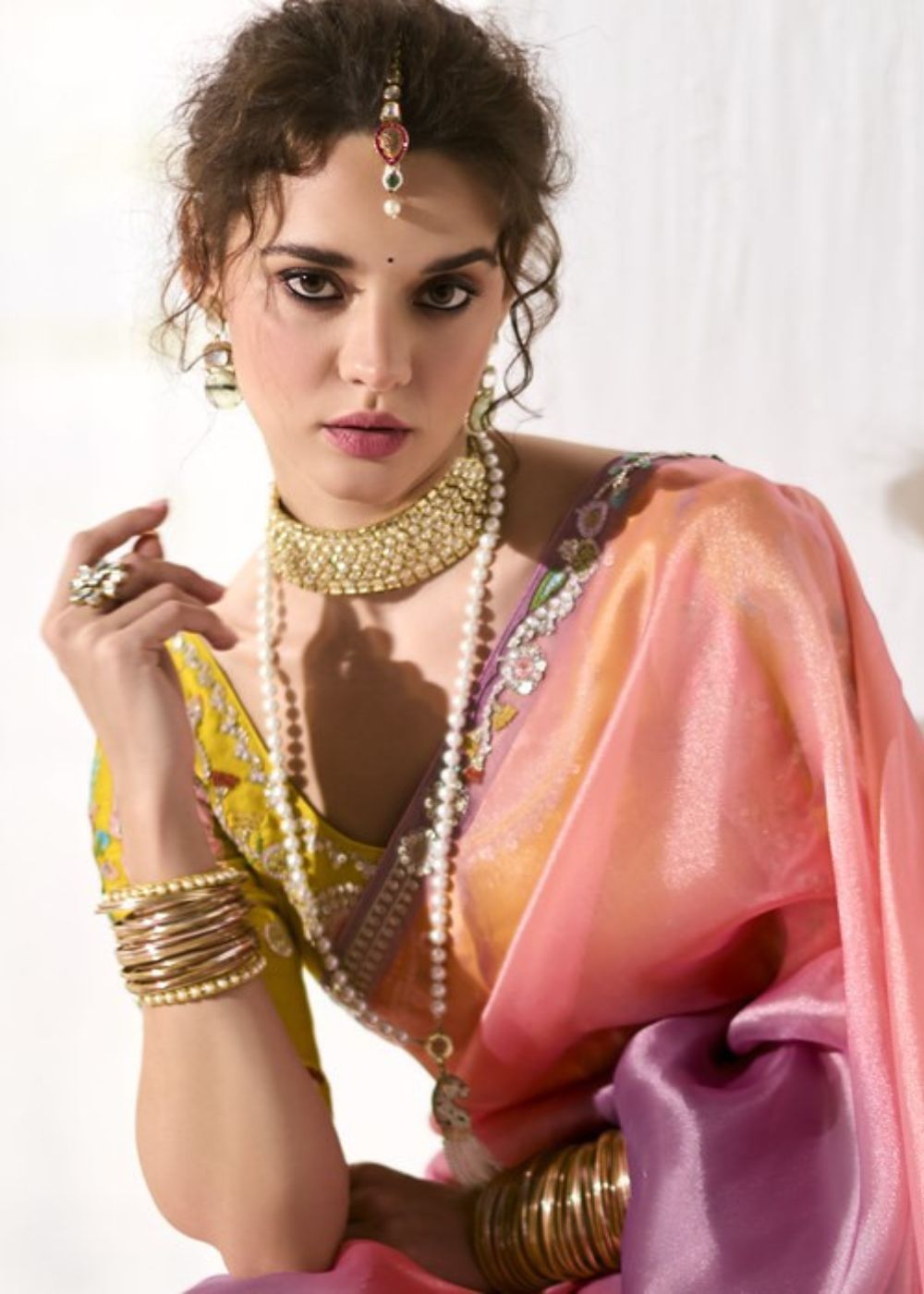 Amrapali – Lavender Pink & Yellow Organza Tissue Saree with Butta Work