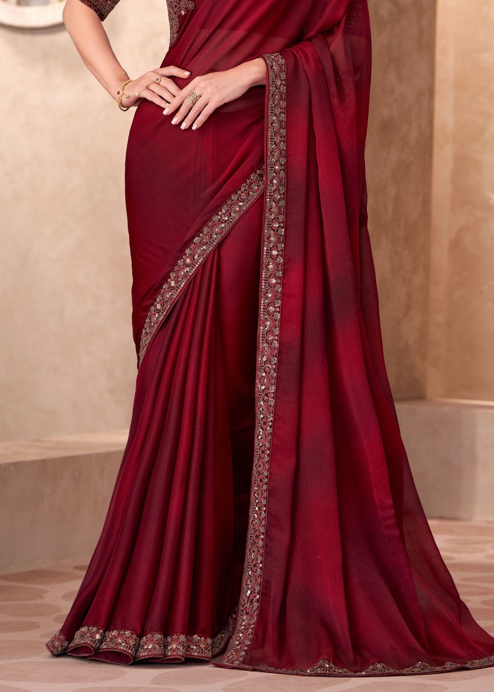 Deep Maroon Satin Chiffon Saree with Intricate Embroidered Lace Border