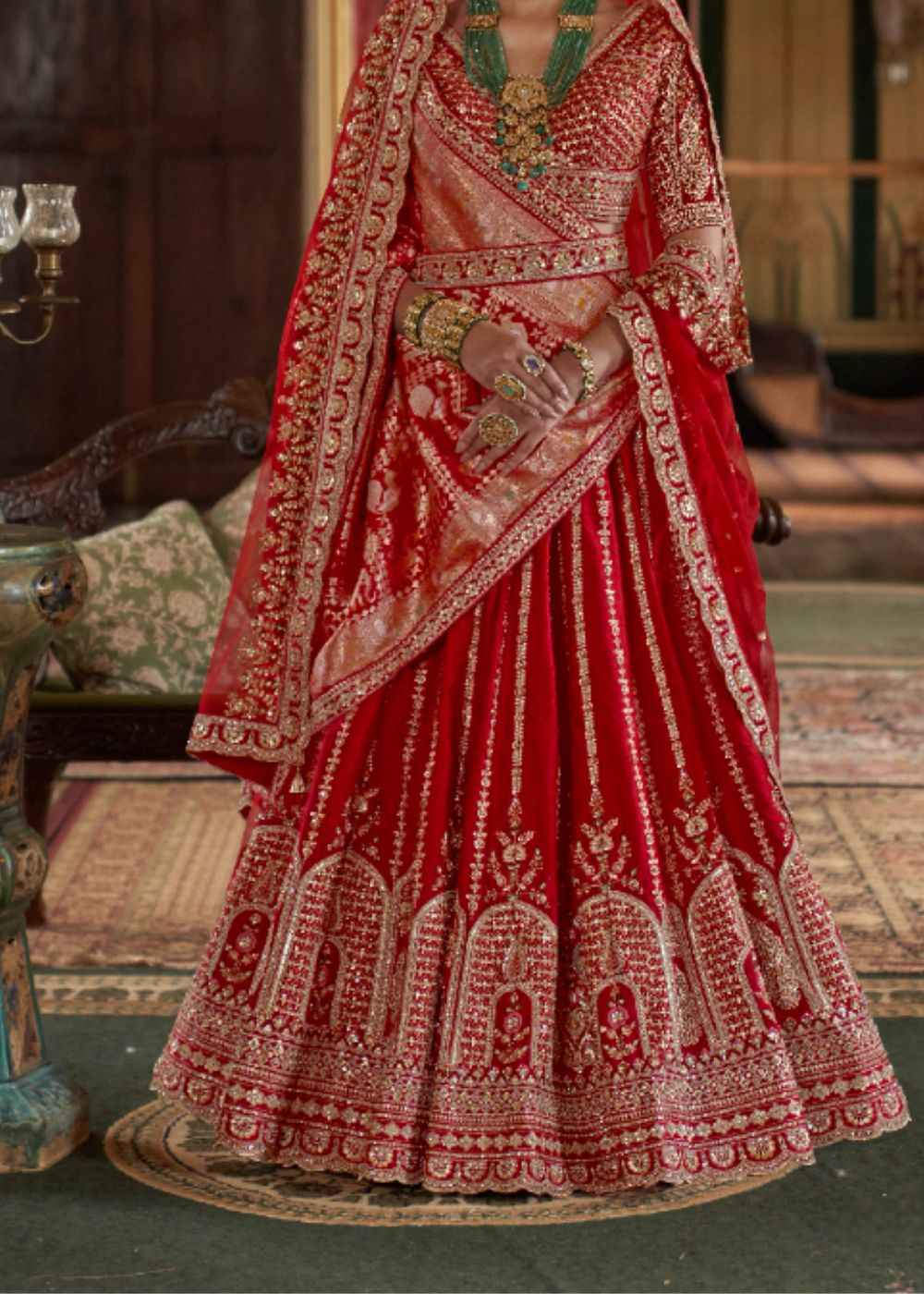 Scarlet Elegance – Classic Red Bridal Lehenga Set with Double Dupatta