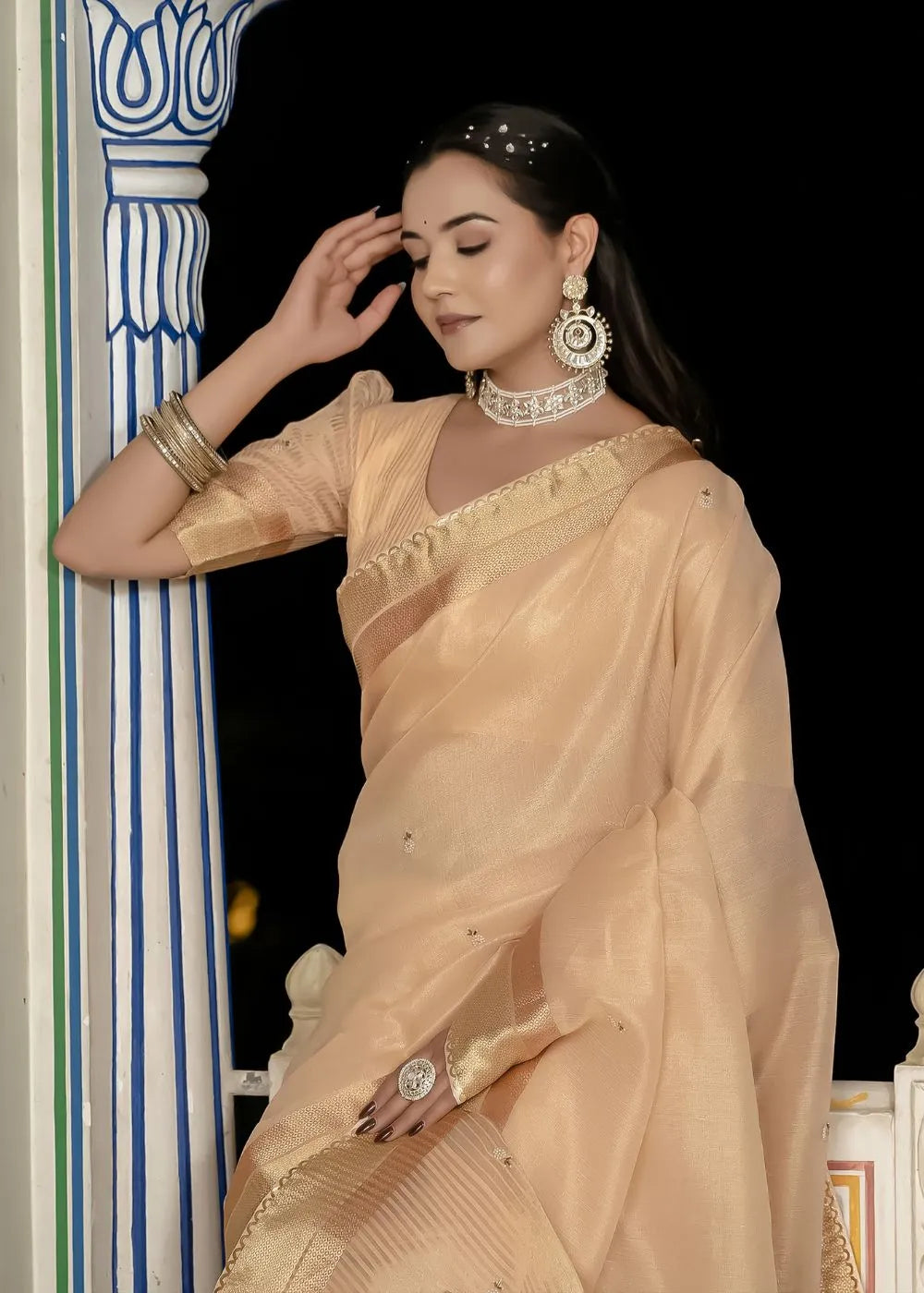 Caramel Glow Woven Saree with Designer Tassels and Khatli Embroidery