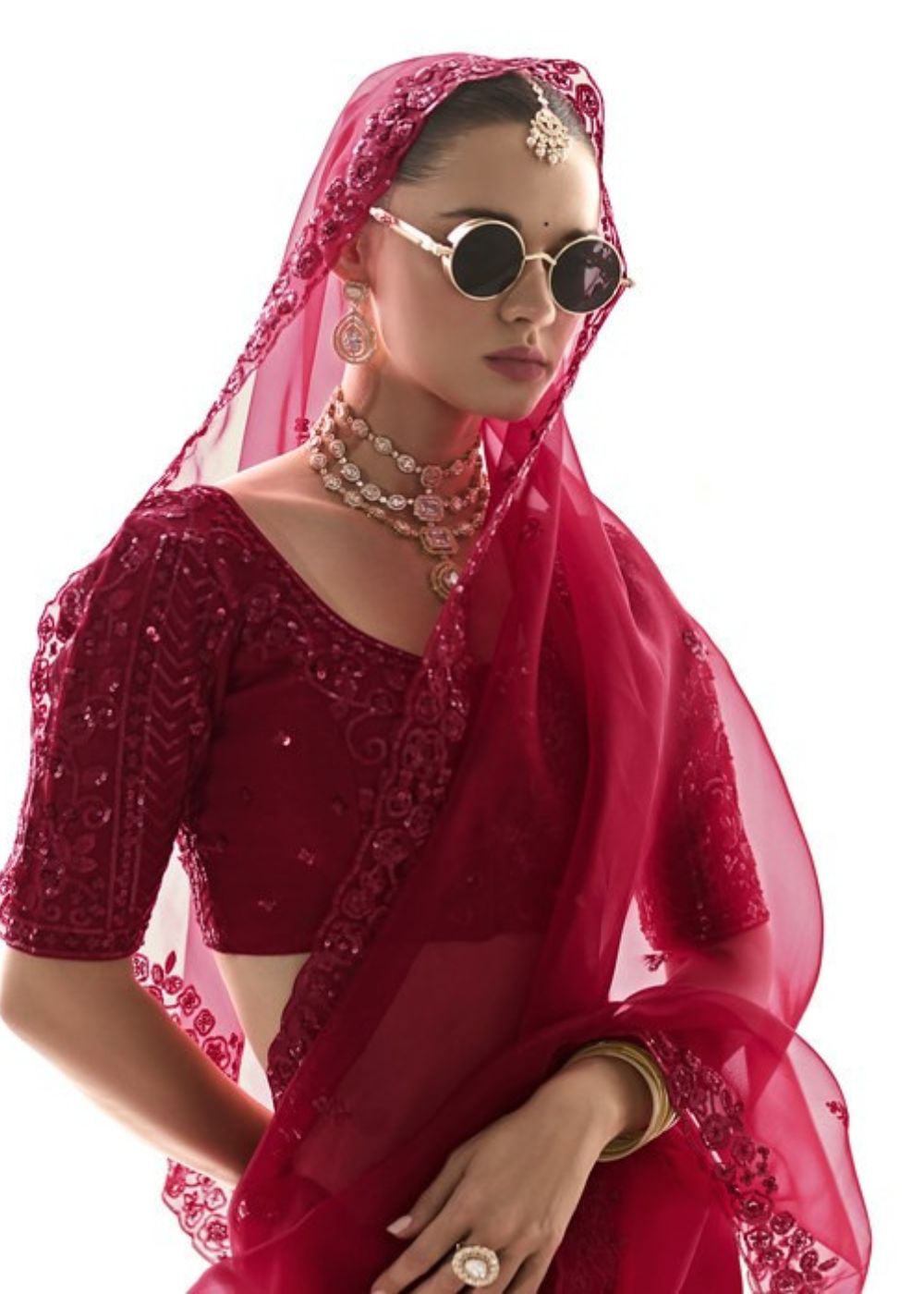 Kumudini – Deep Magenta Organza Tissue Saree with Butta Work