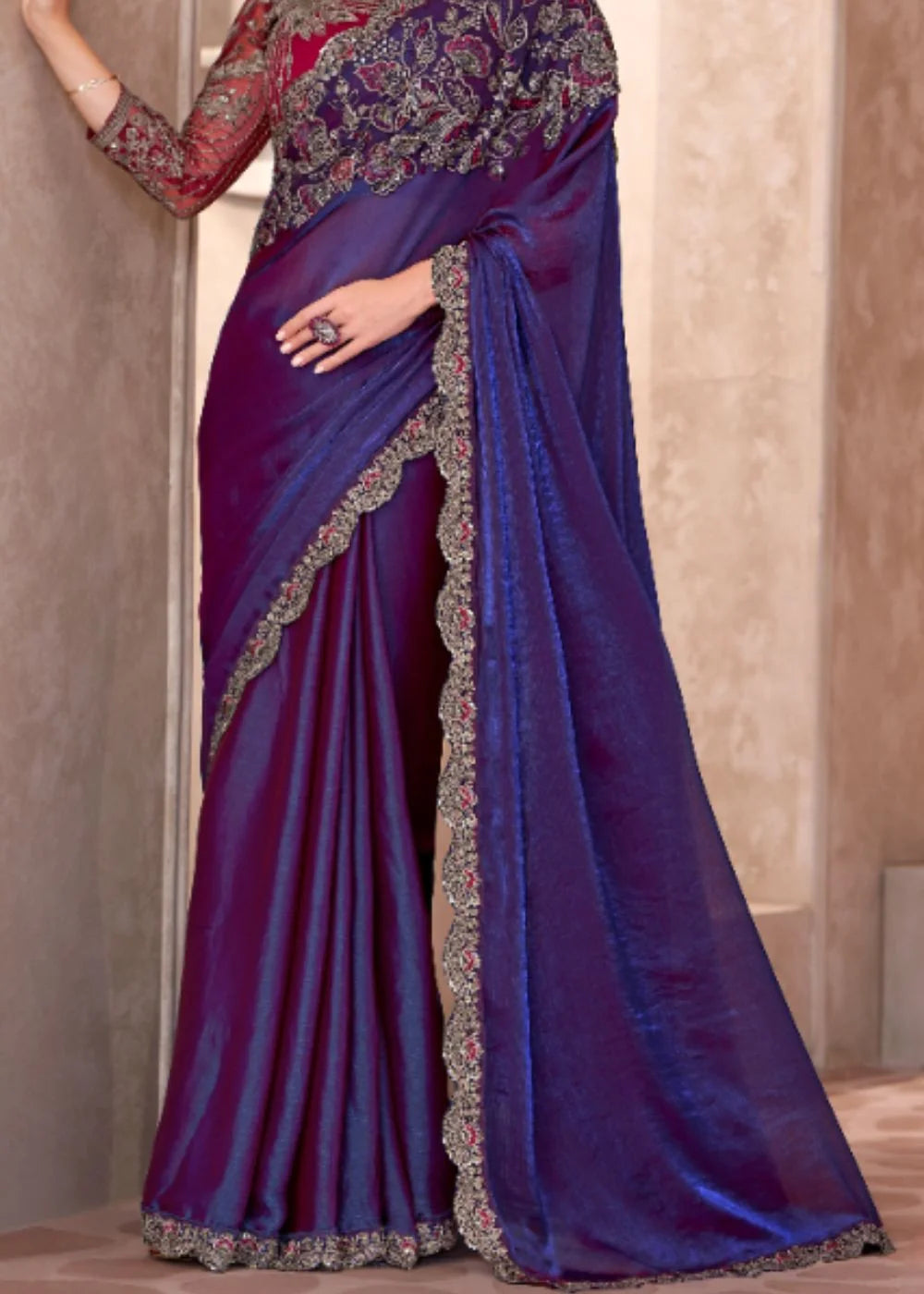 Royal Blue Satin Georgette saree with Intricate Lace Border